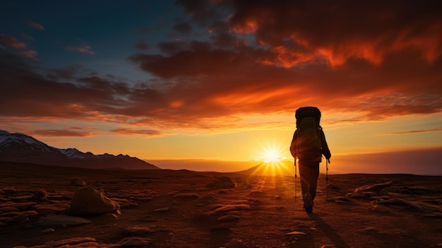 Eine Person geht bei Sonnenuntergang in der Wüste.