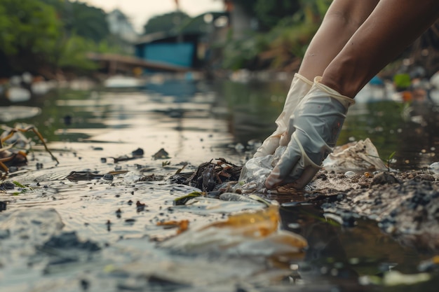 Eine Person geht durch einen mit Müll gefüllten Fluss