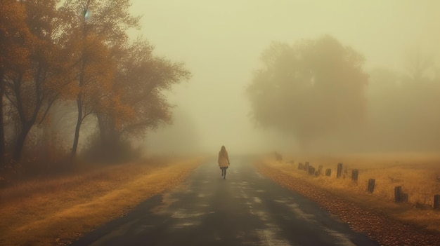 Eine Person geht im Nebel eine Straße entlang