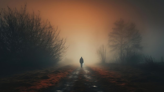 Foto eine person geht in die neblige neblige straße in einer dramatischen mystischen szene mit warmen farben mysteriöser mann geht im nebel