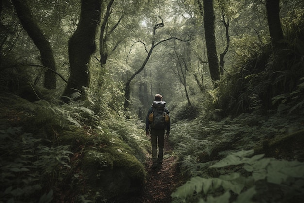 Eine Person geht mit einem Rucksack auf dem Rücken durch einen Wald.