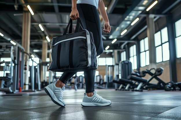 Eine Person geht mit einer stilvollen Sporttasche in ein modernes Fitnessstudio