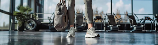 Eine Person geht mit einer stilvollen Sporttasche in ein modernes Fitnessstudio