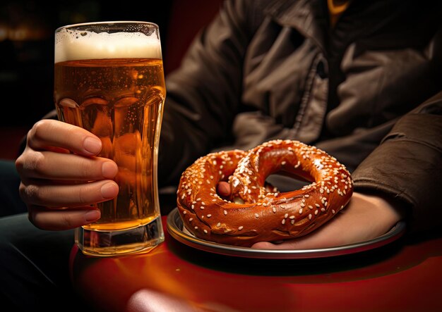 Foto eine person genießt eine brezel mit einem kalten getränk