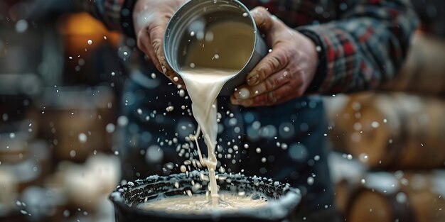 Foto eine person gießt milch in eine schüssel mit milch