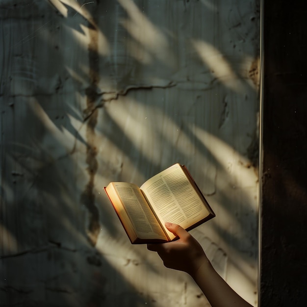 eine Person hält ein Buch mit der Sonne an der Wand