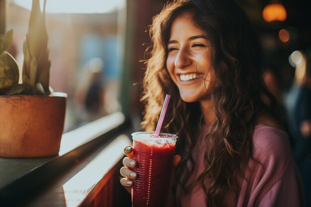 Eine Person hält ein Glas Rübensaft bei einem Strandpicknick