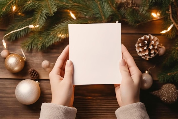 Eine Person hält ein Stück Papier vor einem Weihnachtsbaum