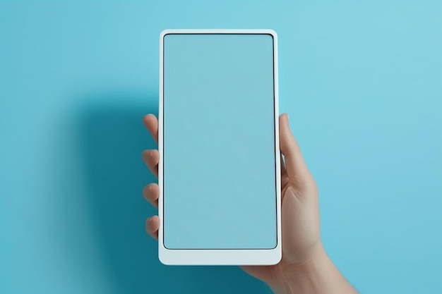 Eine Person hält ein Tablet mit blauem Hintergrund