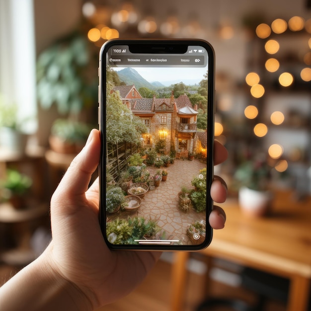 Eine Person hält ein Telefon mit einem Bild eines Hauses darauf