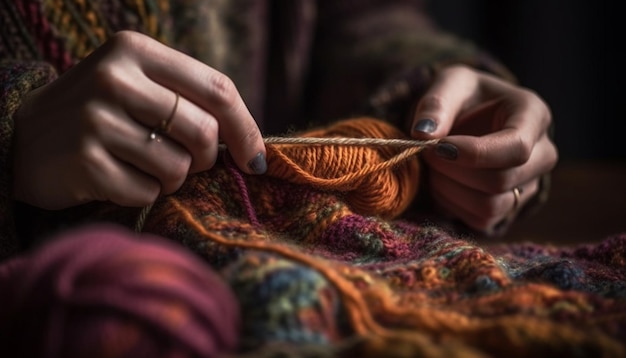 Eine Person hält ein Wollknäuel in der Hand und strickt warme, von KI generierte Kleidung