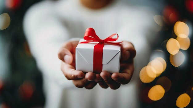 Eine Person hält eine Geschenkkiste mit rotem Band