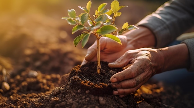 Eine Person hält eine kleine Pflanze im Schmutz. Generatives KI-Bild, das Bäume für nachhaltiges Grün pflanzt