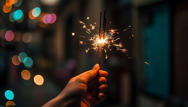 Eine Person hält eine leuchtende Flamme in der Hand und zündet ein Feuerwerk bei einer von KI erzeugten Feier