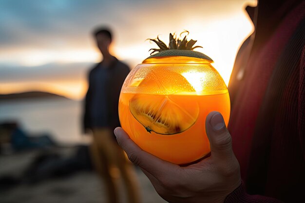 Foto eine person hält eine orange vor dem strand generative ai