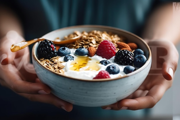 Eine Person hält eine Schüssel Joghurt und Beeren. Generatives KI-Bild