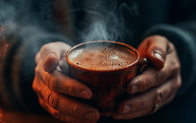 Eine Person hält eine Tasse Kaffee in der Hand, aus der Rauch austritt