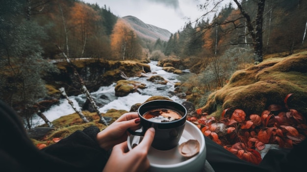 Eine Person hält eine Tasse Kaffee vor einem Stream. Generatives KI-Bild