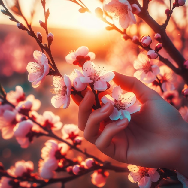 eine Person hält eine Zweig mit der Sonne hinter ihnen Blüte im Frühling