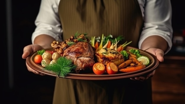 Eine Person hält einen Teller mit Essen, im Hintergrund ist ein Teller mit Essen zu sehen.