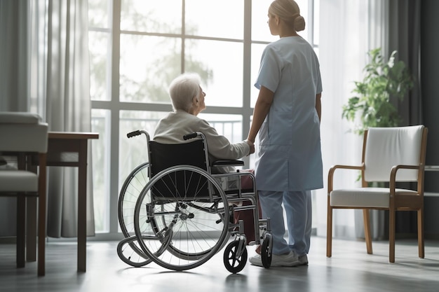Eine Person im Rollstuhl mit einer generativen KI-Erkrankung des Pflegepersonals
