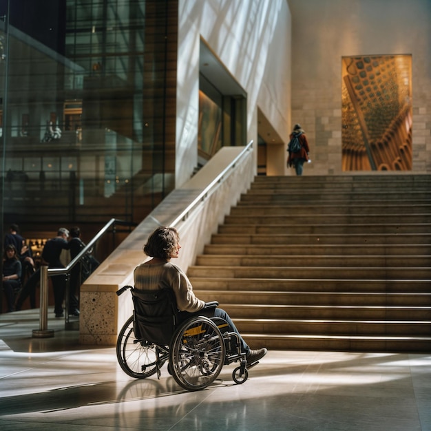 eine Person im Rollstuhl sitzt auf der Treppe