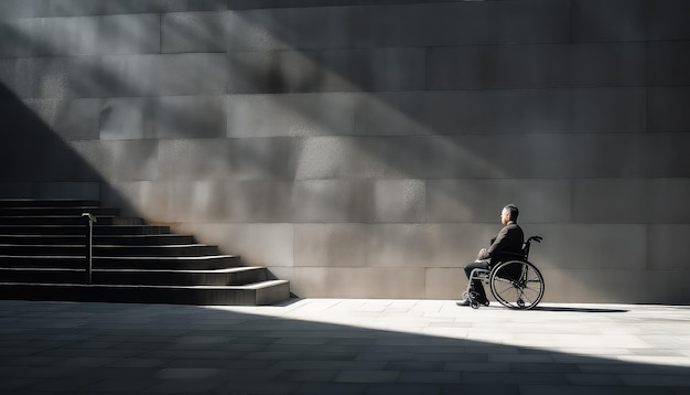 Eine Person im Rollstuhl vor der Treppe kann nicht hinaufsteigen