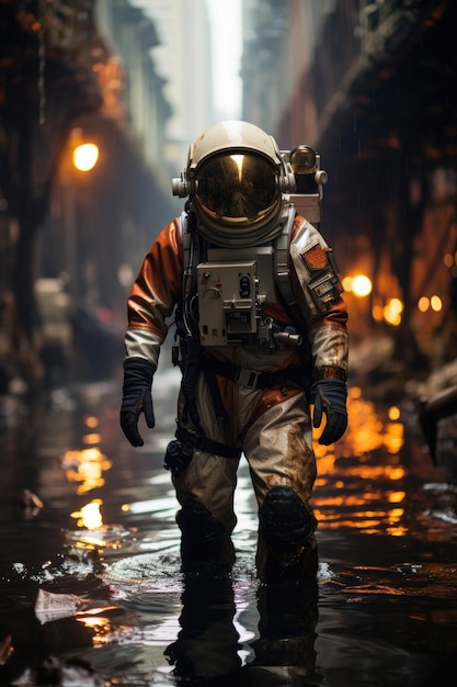 Eine Person in einem Astronautenanzug, die auf einer überfluteten Straße läuft
