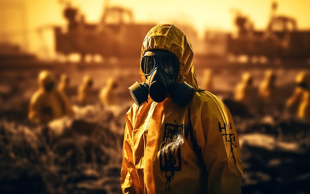 Eine Person in einem Chemikalienschutzanzug gegen Strahlung mit radioaktiver Warnung beim Umgang mit Chemikalien