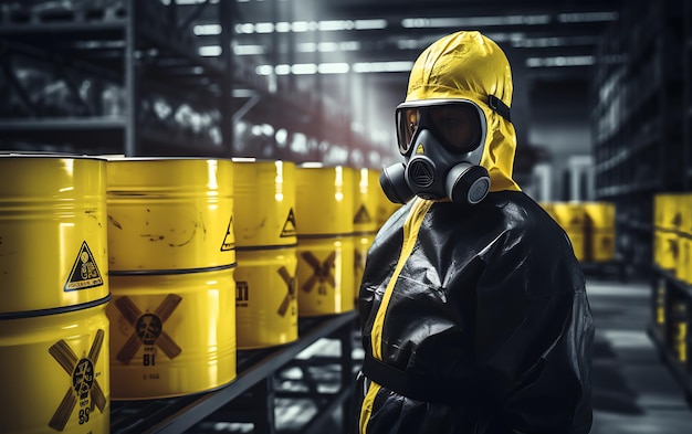 Eine Person in einem Chemikalienschutzanzug gegen Strahlung mit radioaktiver Warnung beim Umgang mit Chemikalien