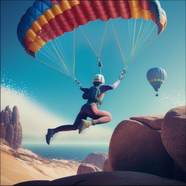 Eine Person in einem Fallschirm mit blauem Himmel und einem rot-gelben Fallschirm.