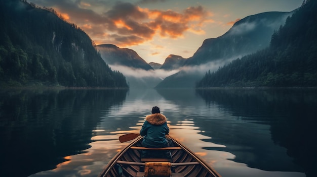 Eine Person in einem Kanu rudert in einem See mit Bergen im Hintergrund.
