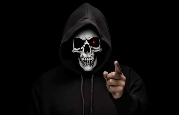 eine Person in einem Kapuzenpullover mit schwarzem Totenkopf und einem roten Licht, das auf einen schwarzen Hintergrund zeigt