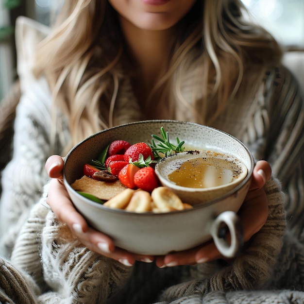 Eine Person in einem Pullover hält eine Schüssel voller Essen