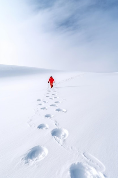 Eine Person in einem roten Mantel geht durch ein schneebedecktes Feld mit Fußspuren im Schnee.