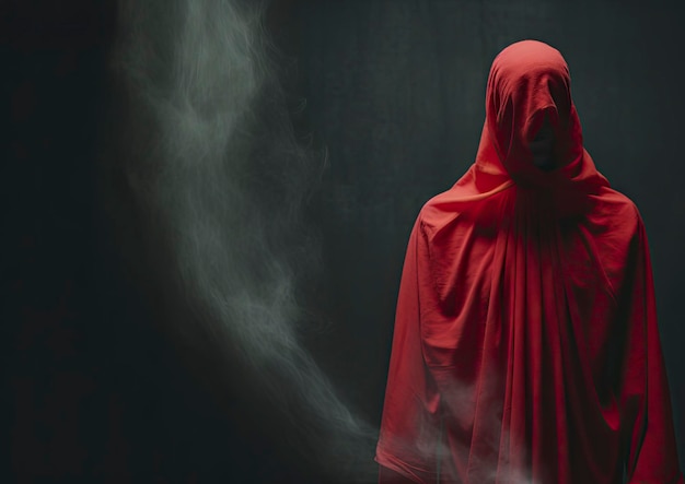 Eine Person in einem roten Mantel steht im Dunkeln