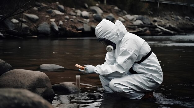 Eine Person in einem weißen Anzug und einem schwarzen Hoodie malt einen Fisch in einem Fluss.