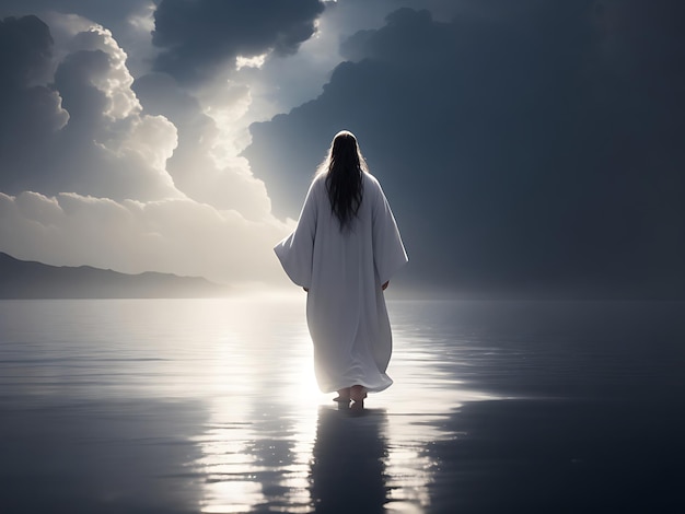 eine Person in einem weißen Gewand mit langen Haaren ging auf dem Meer