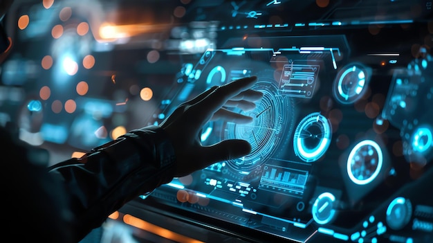 Eine Person in einer dunklen Jacke benutzt eine futuristische Touchscreen-Schnittstelle. Die Schnittstelle ist blau und hat eine Vielzahl verschiedener Symbole und Auslesen.