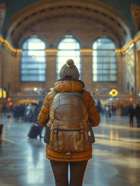 eine Person in einer Jacke mit einem Hut und einer Tasche auf der Rückseite