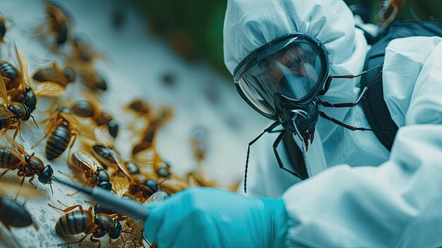 eine Person in einer Maske mit einem Stock, auf dem eine Spinne steht