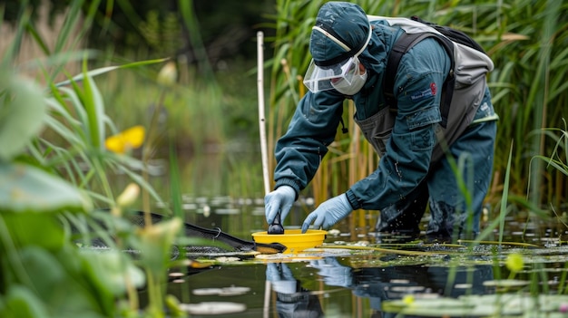 Eine Person in Schutzausrüstung sammelt sorgfältig Proben von Algen aus einem Teich mit einem Langhändler