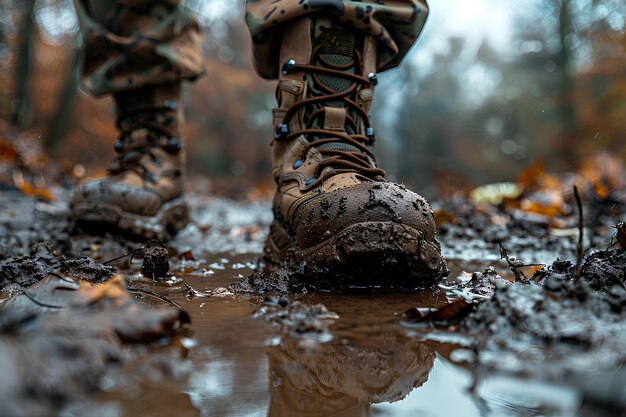 Eine Person in Stiefeln geht durch eine Pfütze Wasser im Wald mit den Füßen im Wasser und