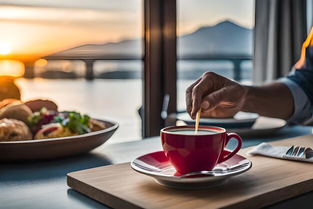 Eine Person isst eine Mahlzeit mit einer Tasse Kaffee.