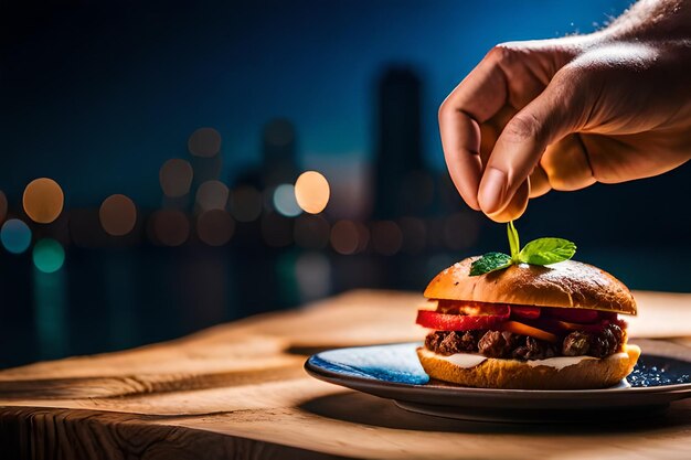 Foto eine person isst einen hamburger mit einer stadt im hintergrund