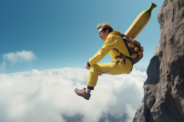 Eine Person klettert mit Bananen