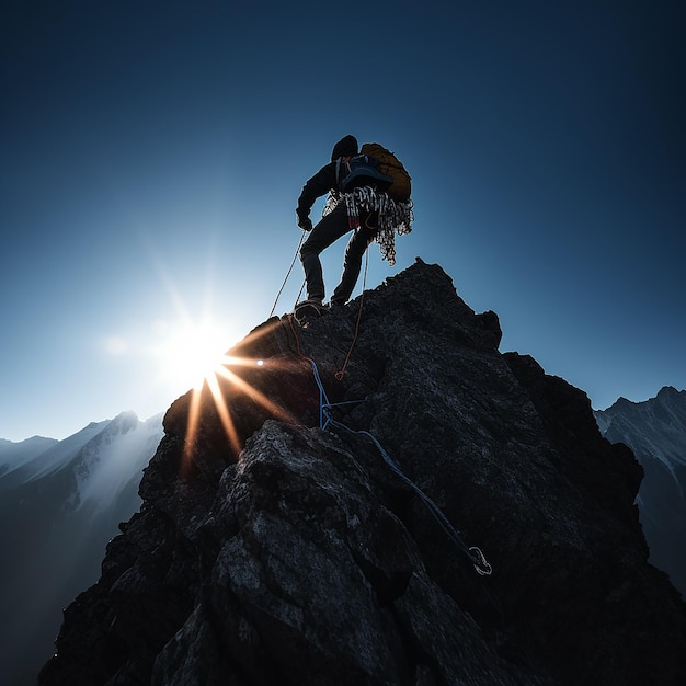 Eine Person klettert mit einem Seil auf einen Felsen.