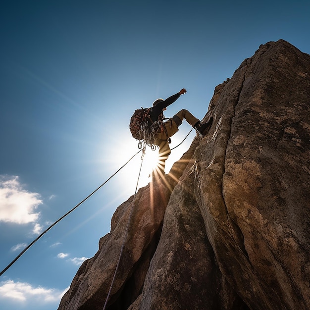 Eine Person klettert mit einem Seil auf einen Felsen.