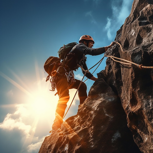 Eine Person klettert mit einem Seil auf einen Felsen.