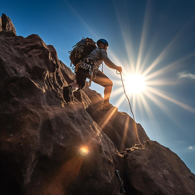 Eine Person klettert mit einem Seil auf einen Felsen